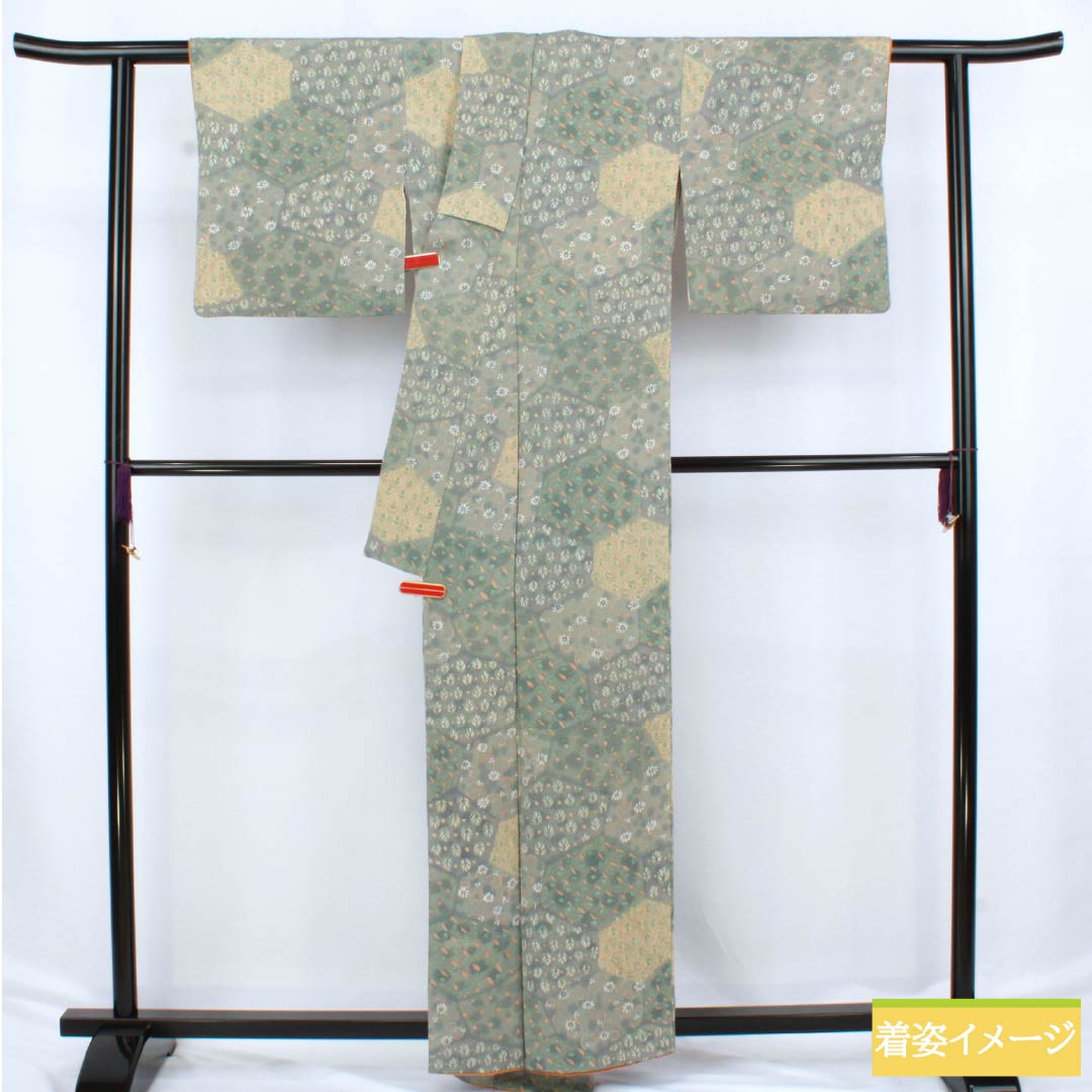 Komon silk S-rank kimono, length 159cm, sleeve length 64cm, lined, Rikyu gray (Rikyu Nezumiiro) crepe fabric, split, chintz, stencil dyed, green, 1115006522319