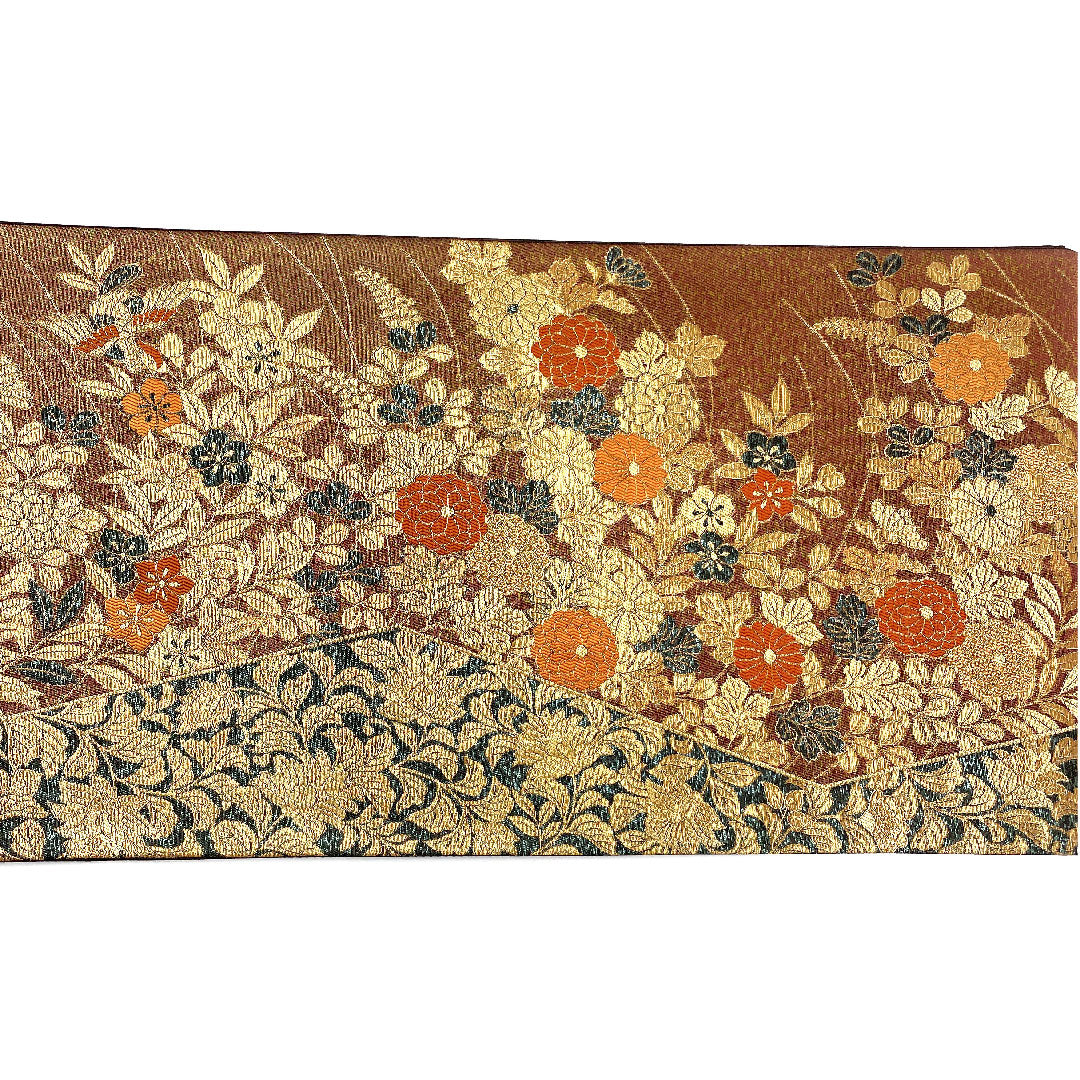 袋帯 草花模様 帯丈424cm 正絹 Aランク 六通 フォーマル 茶系 1123003683314