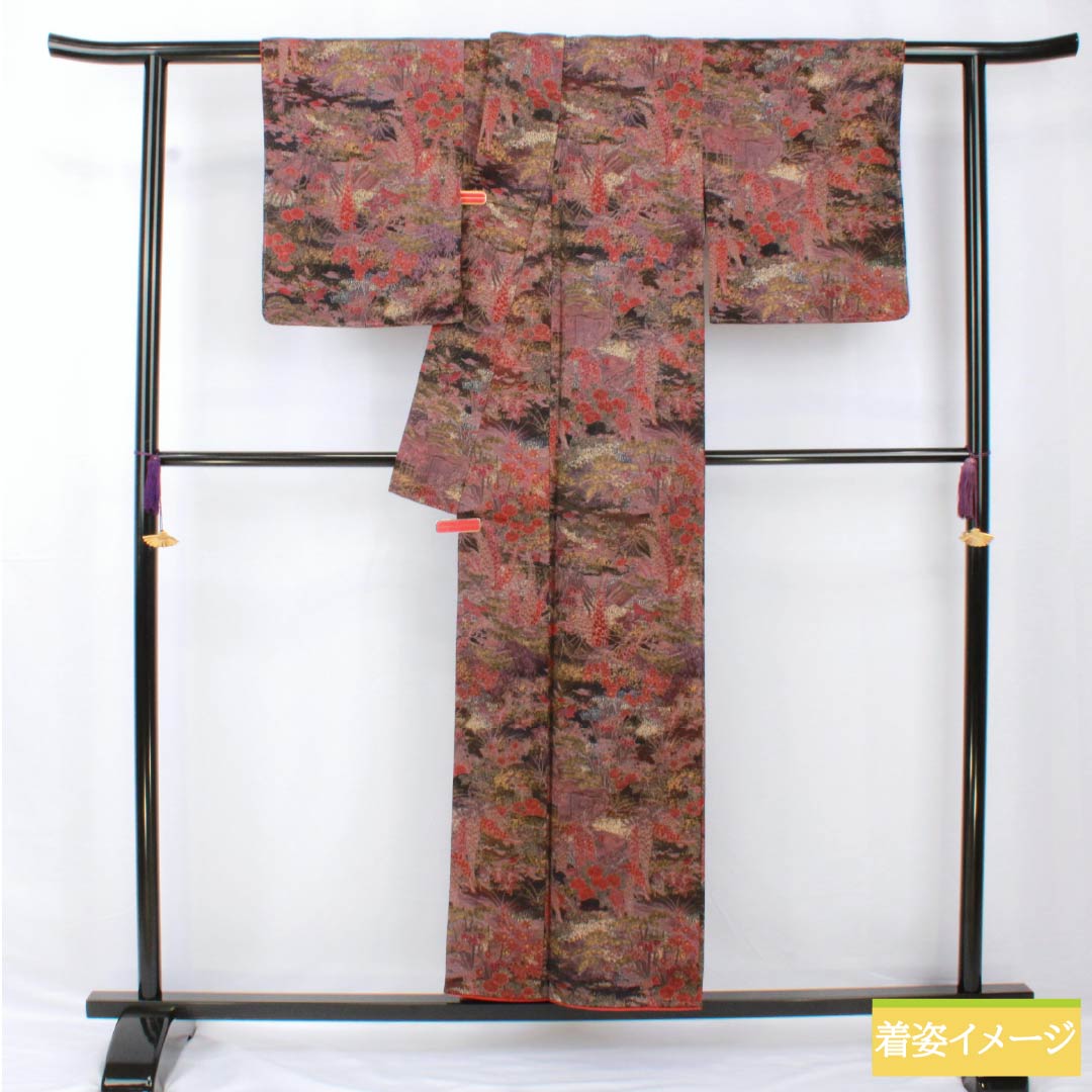 小紋 正絹 身丈153.5cm 裄丈63cm 袷 檳榔子黒色(びんろうじぐろいろ) 型染 古典柄 Sランク 黒系 1115005312210