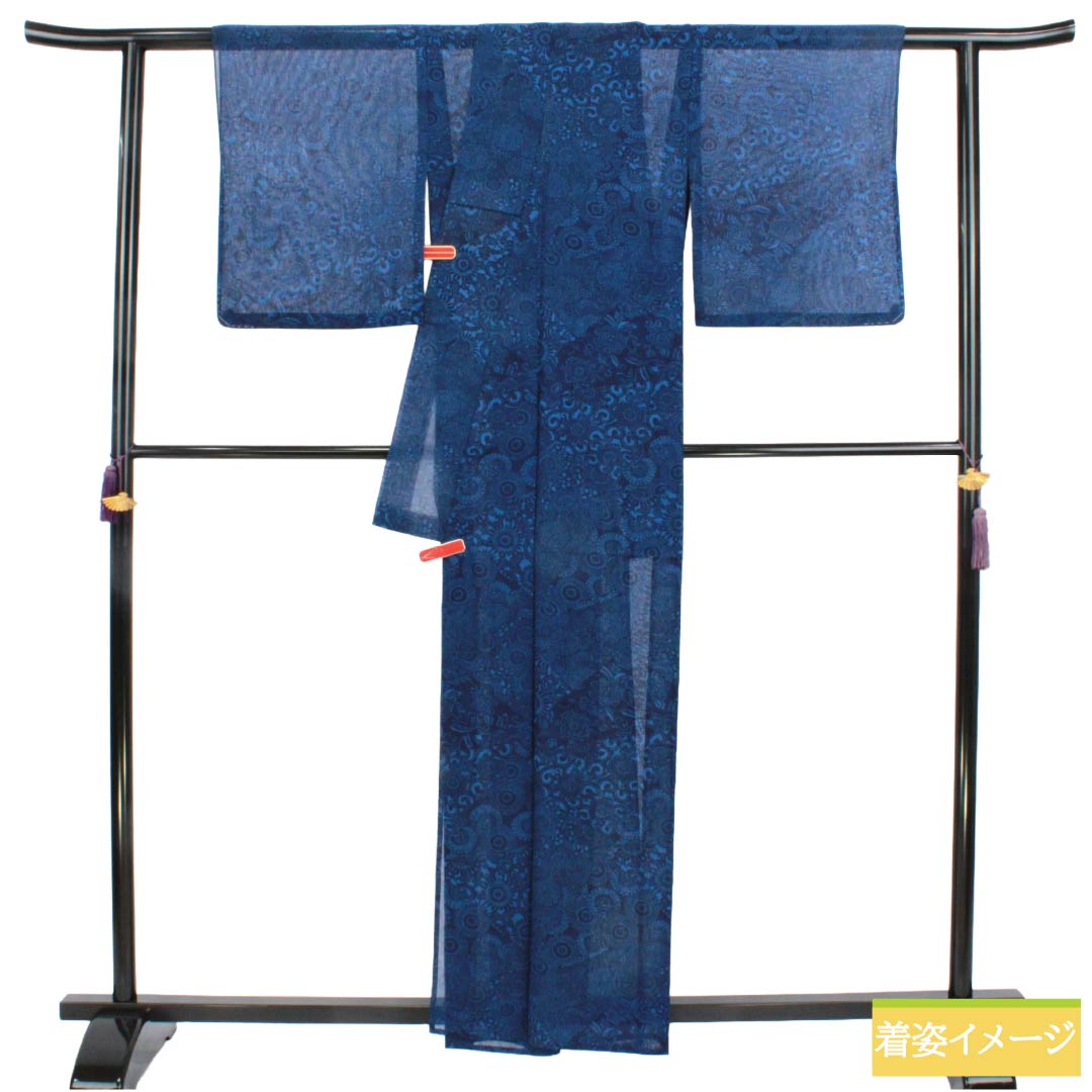 夏物 ポリエステル 小紋 Aランク 身丈155.5cm 裄丈64cm 紺桔梗色(こんききょういろ) 洗える着物 菊 唐草 紗 紺系 1132005973318