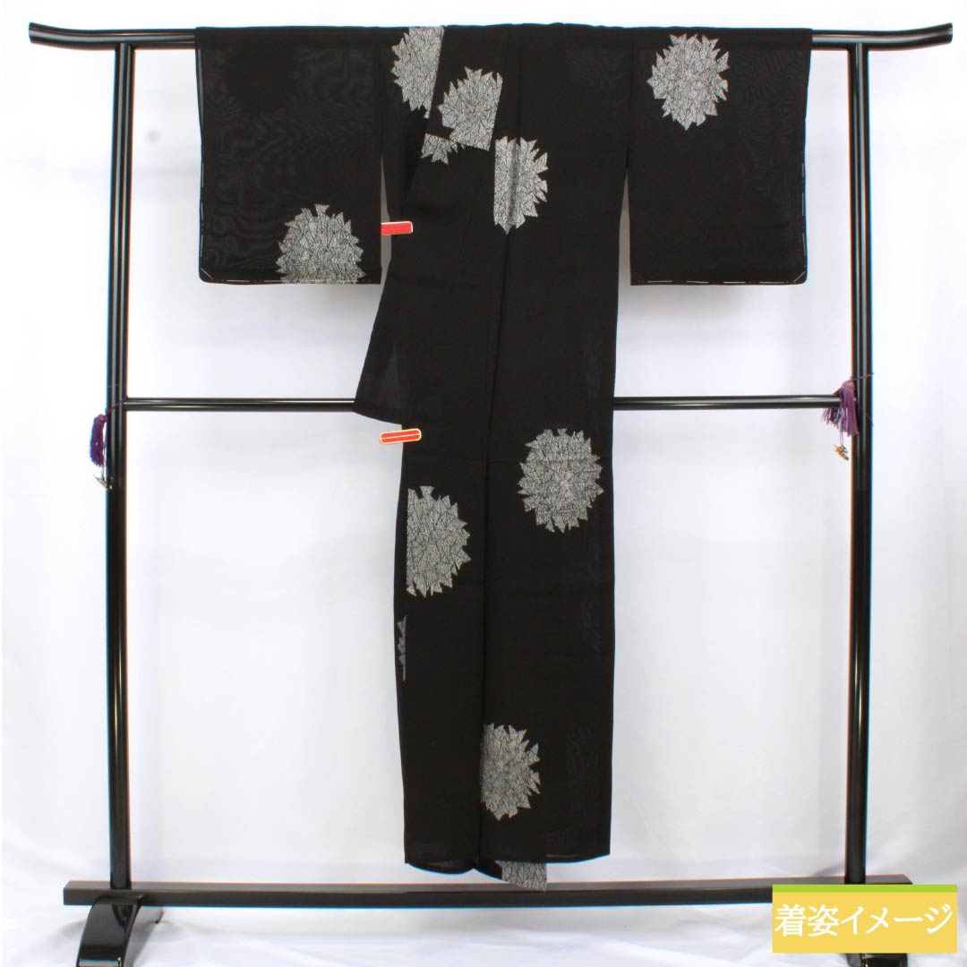 夏物 ポリエステル 小紋 身丈147cm 裄丈64.5cm 縫い取り 抽象模様 紗 Sランク 黒系 1132002412110