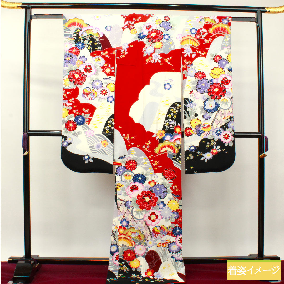 振袖 正絹 身丈171cm 裄丈65cm 袷 京友禅 草花模様 青海波 鴛鴦 Sランク グラデーション系 1113001802699