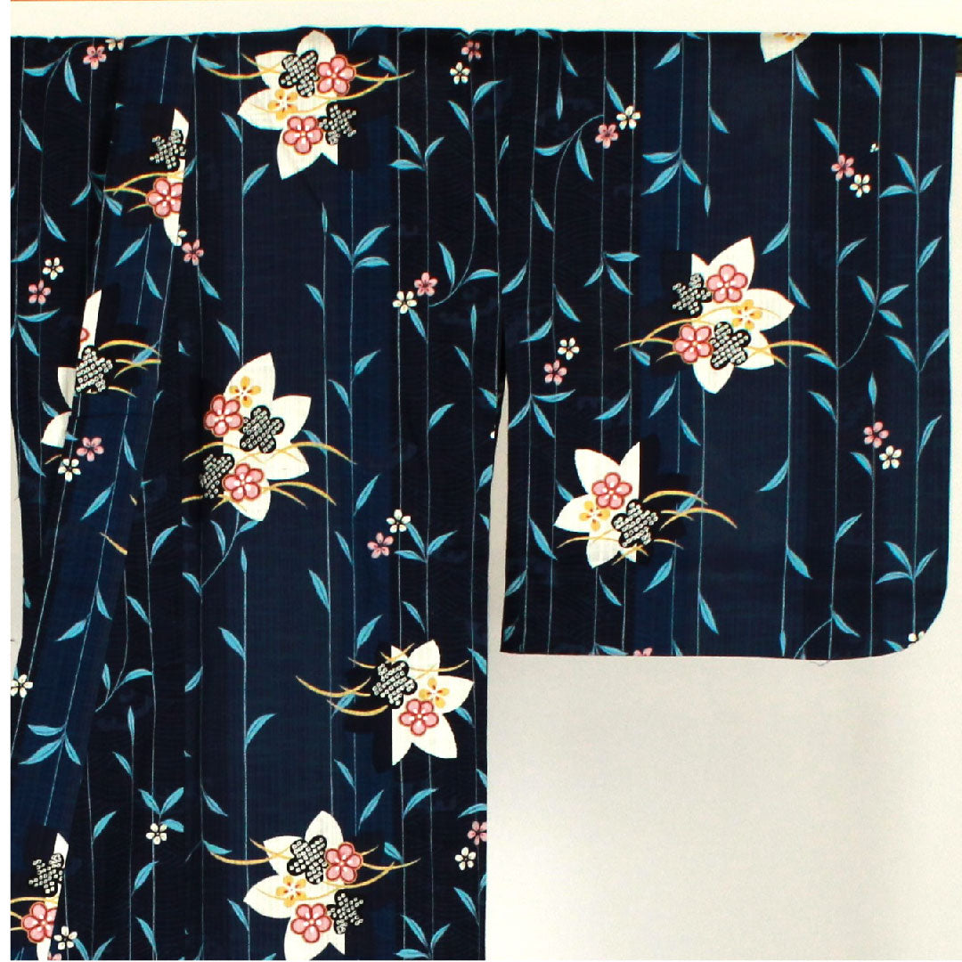 浴衣 花模様 木綿 Sランク 単衣 身丈165cm 裄丈66cm 青系 1118000812517