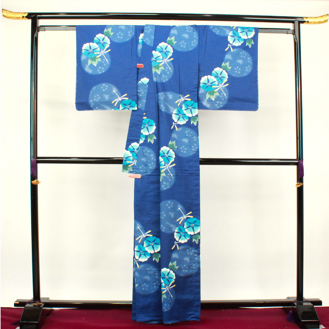 浴衣 しつけ糸付き 未使用品 紺瑠璃色 トンボ 朝顔 木綿 Sランク 単衣 身丈163.5cm 裄丈67.5cm 紺系 1118002202418