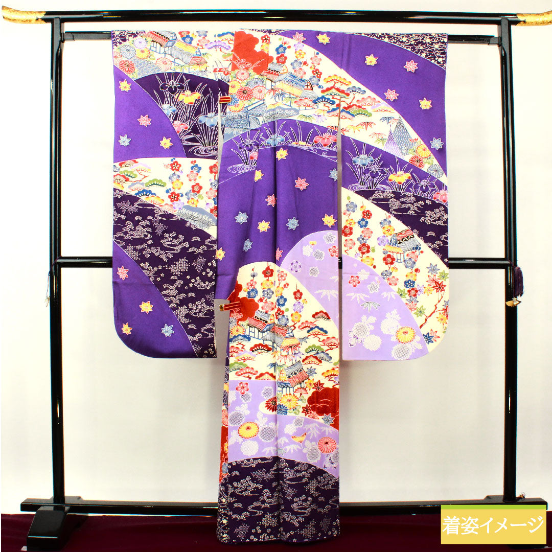 Furisode (long-sleeved kimono) made of pure silk, length 164.5cm, sleeve length 66cm, lined, bellflower color, violet color, Kyoto Bingata, auspicious motif, half-collar, B rank, purple, 1113002014420