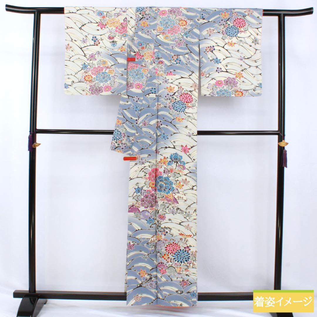 訪問着 正絹 Aランク 袷 身丈158cm 裄丈65cm 紺藤色(こんふじいろ) 京紅型 花 しつけ糸付き 青系 1112007023317