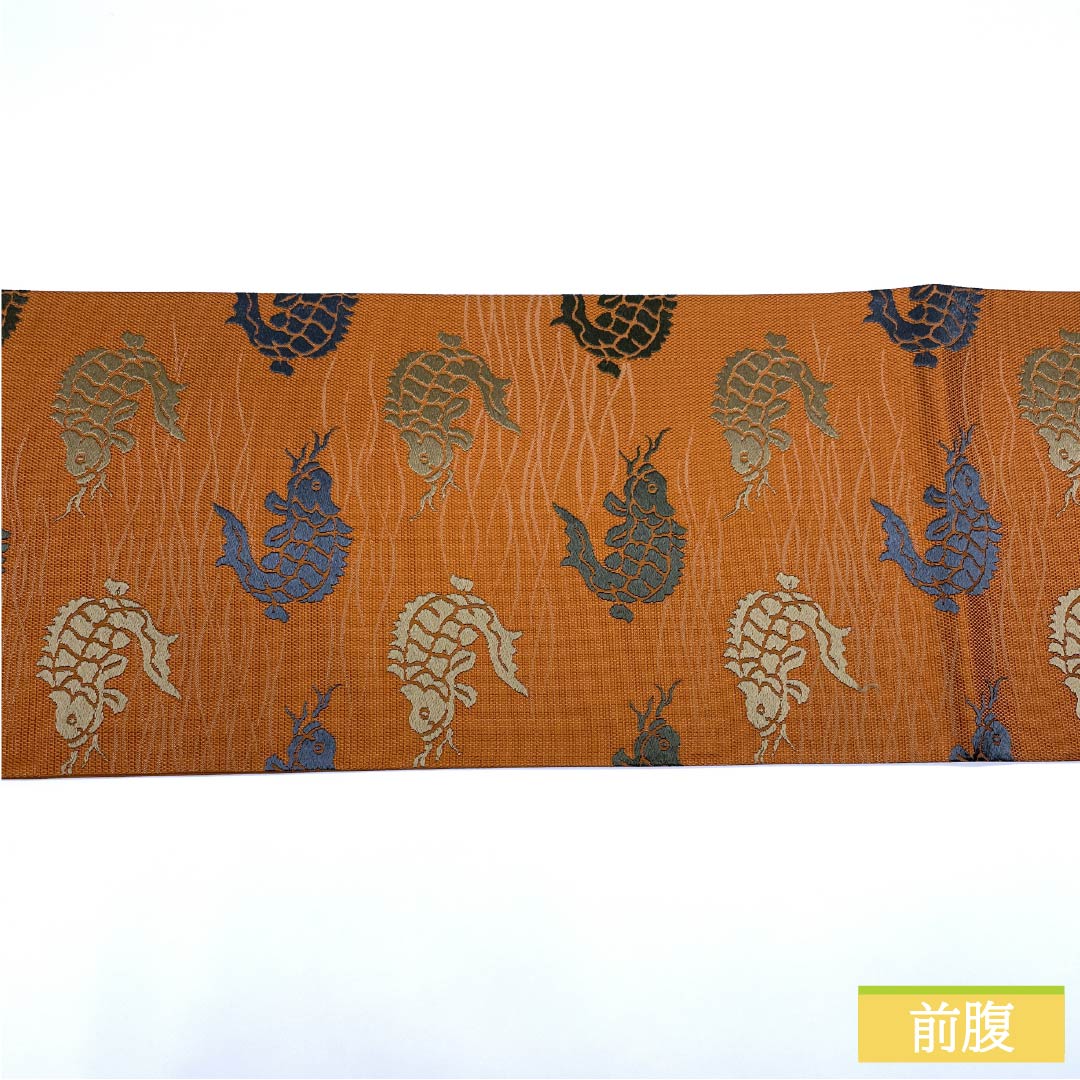 Pure silk obi in reddish-gold (beniukoniro) with a rough sea pattern, length 438cm, S rank, six-pass closure, semi-formal, orange, product number 1123015002326