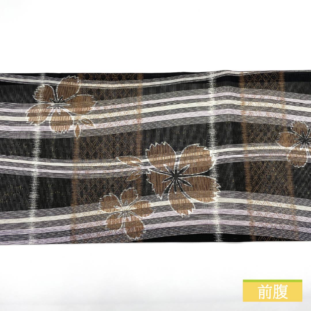 名古屋帯 正絹 リバーシブル 格子 桜 夏帯 帯丈370cm Sランク 全通 セミフォーマル 黒系 1124006802310 開き仕立て