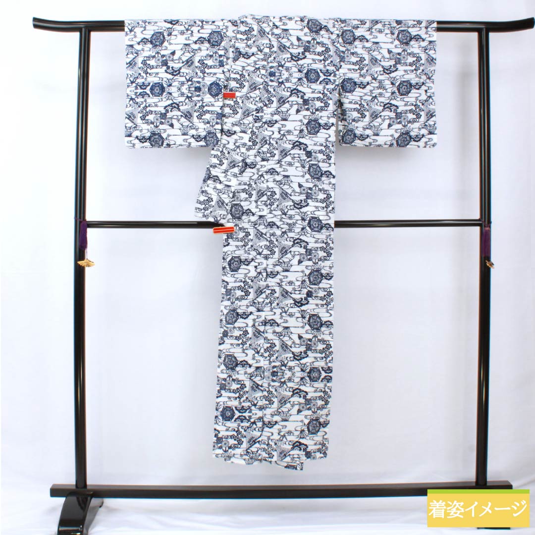 Yukata Cotton Length 144cm Sleeve length 63cm A rank Silk White Cotton Silk Flowing water Pine Auspicious motif 1118005583111