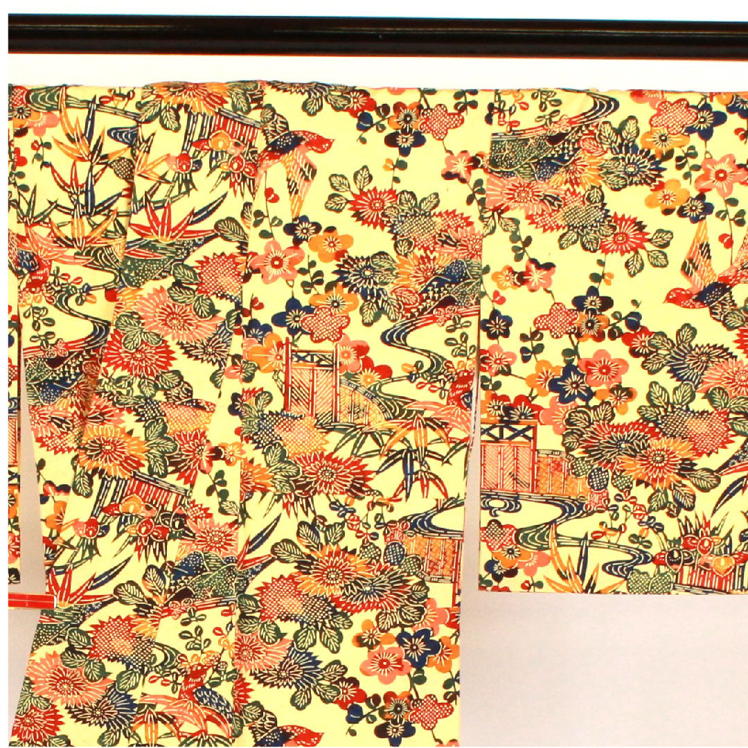 小紋 身丈158cm 裄丈65cm 袷 型染 紬地 正絹 Sランク 黄系 1115000502323