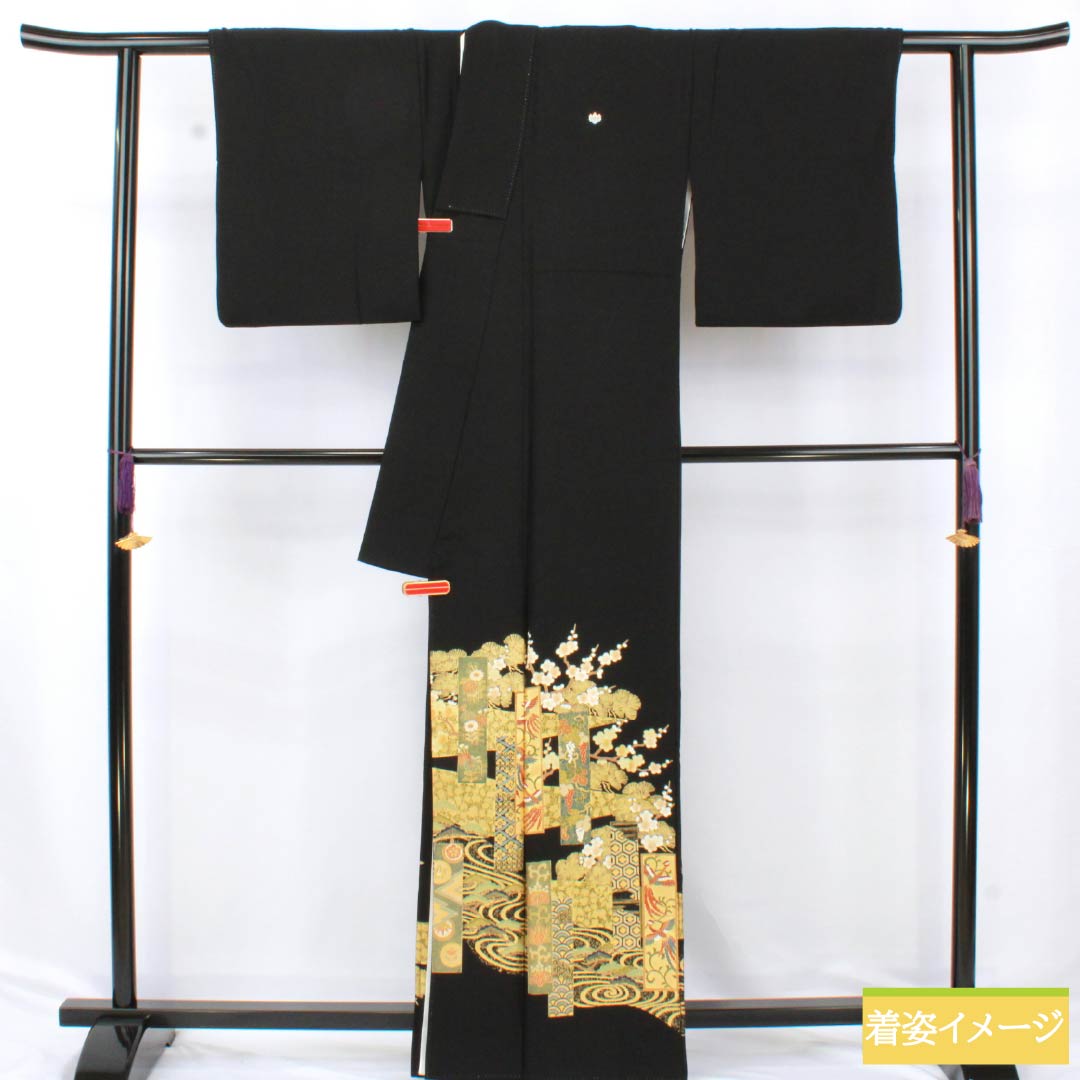黒留袖 ポリエステル Aランク 身丈161.5cm 裄丈65.5cm 袷 京友禅 吉祥文様 五つ紋 五三桐 鳳凰 流水 松 五つ紋 黒系 1111001793410