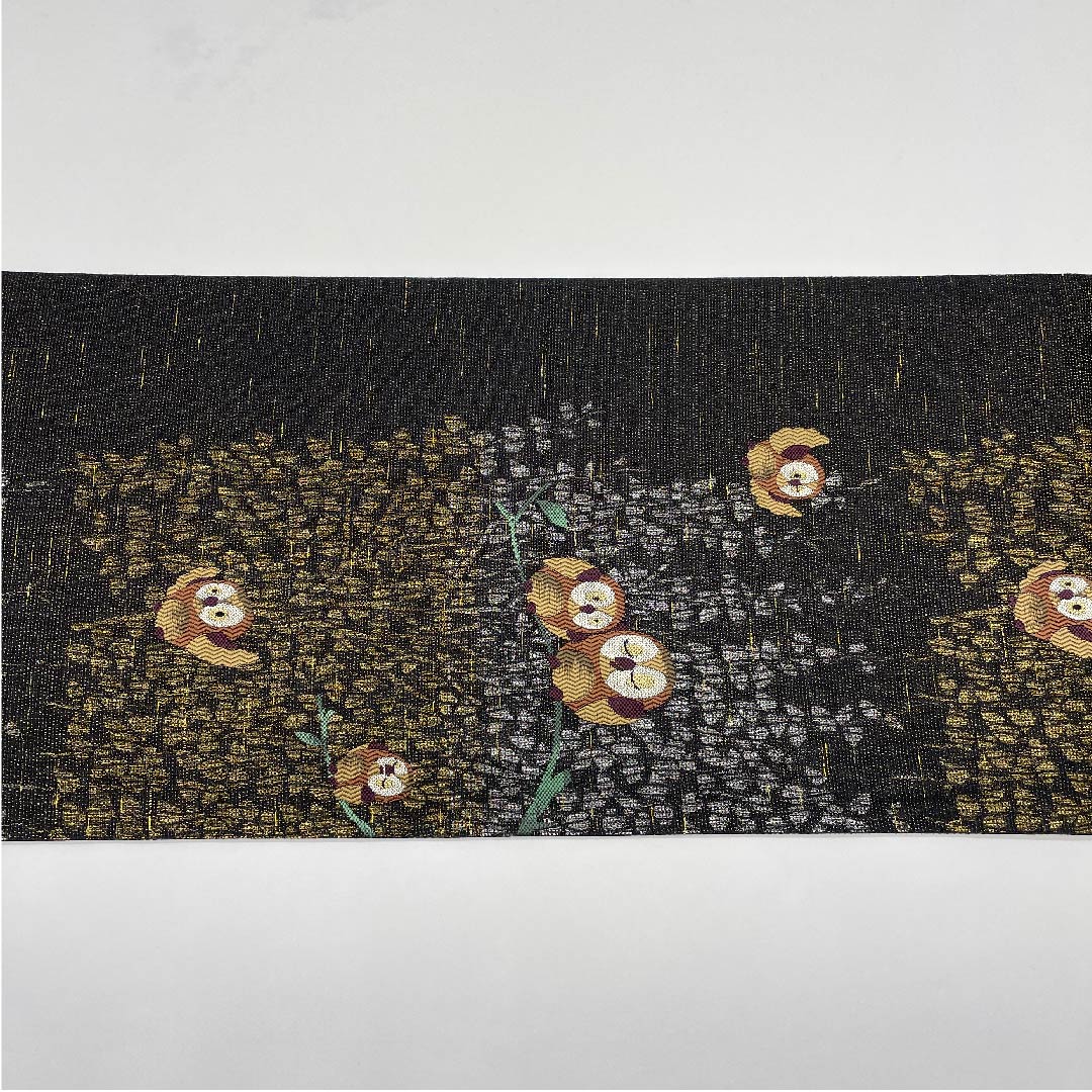 袋帯 黒色 ふくろう 帯丈434cm 正絹 Aランク 六通 カジュアル 黒系 1123008853310