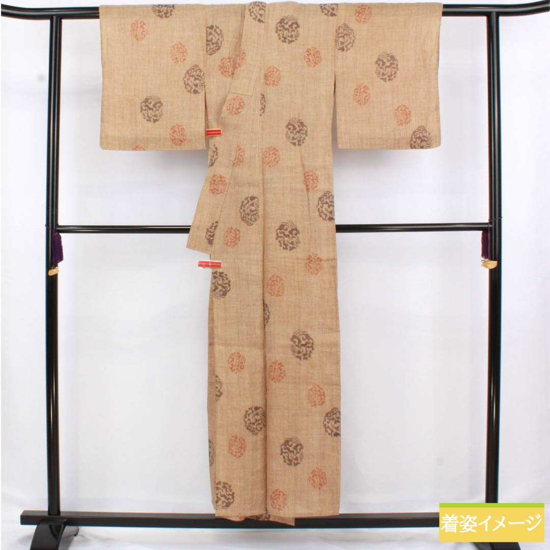 Summer linen tsumugi (pongee) kimono, length 151.5cm, sleeve length 63.5cm, walnut color, abstract pattern, horizontal double kasuri, gauze, S rank, brown, 1132002692214