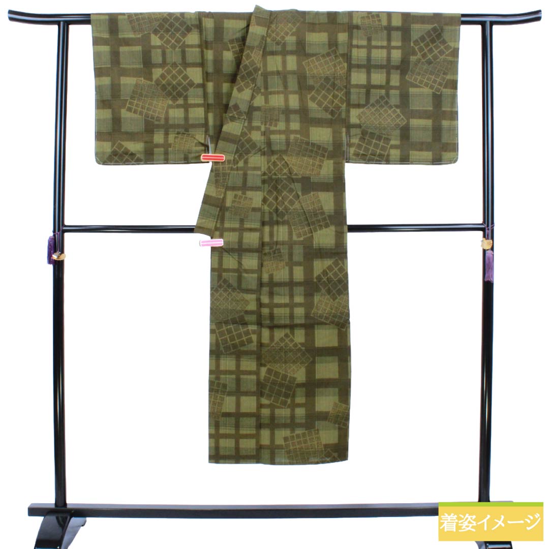 メンズ浴衣 木綿 Sランク 身丈139cm 裄丈69cm 柳茶色(やなぎちゃいろ) 格子 色紙 単衣 緑系 1138000552319