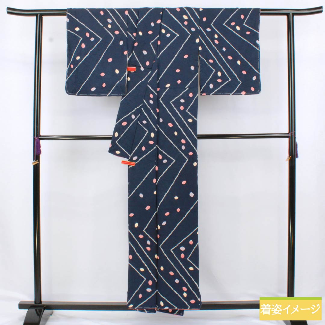 小紋 正絹 Sランク 身丈154.5cm 裄丈62.5cm 袷 濃紺色(のうこんいろ) 線 小帽子絞り しつけ糸付き 紺系 1115006762218