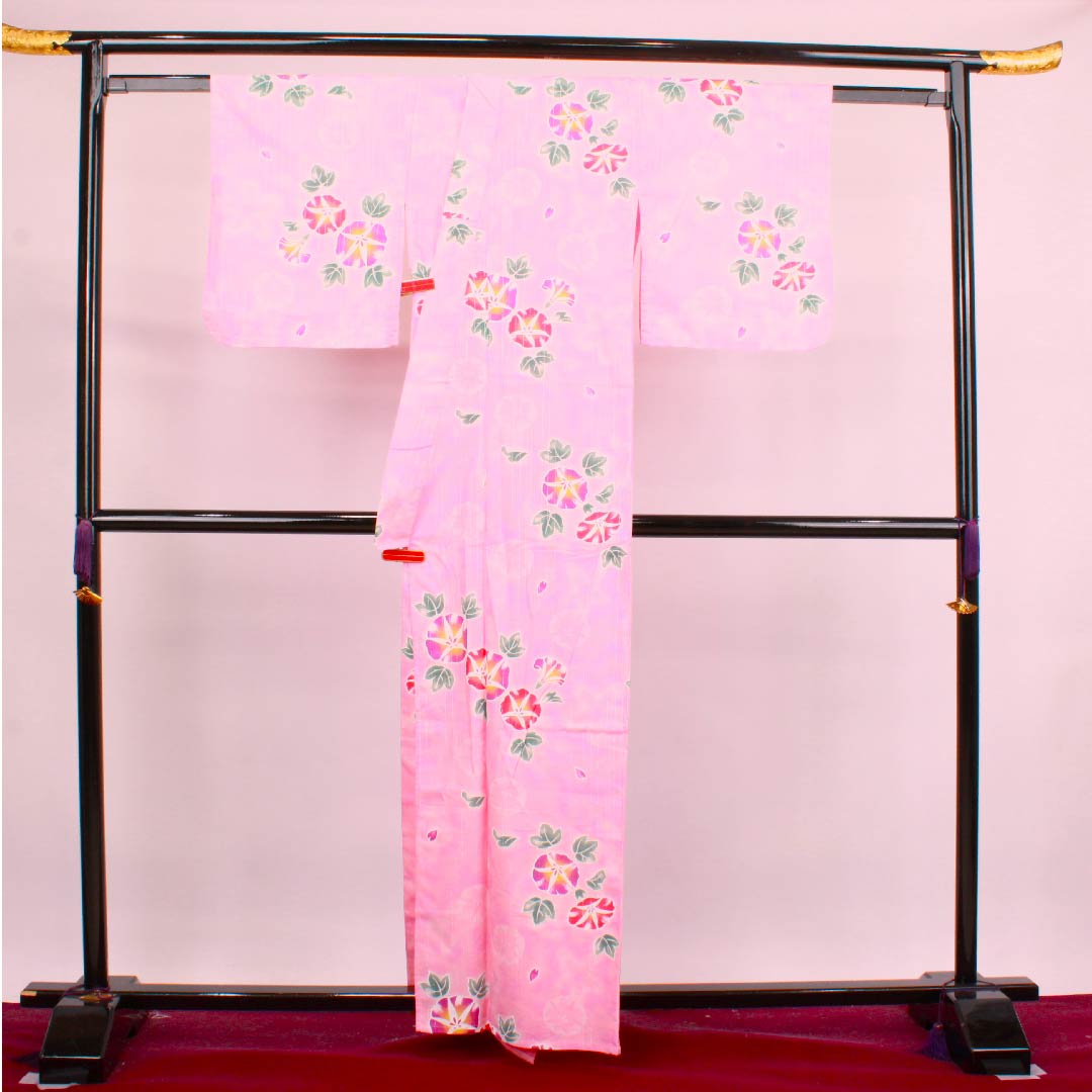 浴衣 洎夫藍色 浅紅色 朝顔 銀糸 木綿 Sランク 単衣 身丈162cm 裄丈64cm ピンク系 1118004252413
