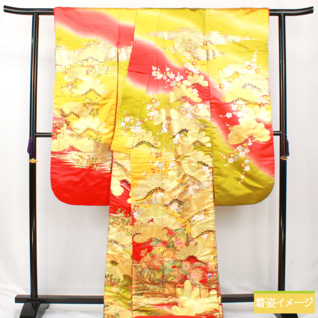 色打掛 正絹 Aランク 身丈185cm 裄丈66.5cm 金彩加工 松竹梅 菊 袷 赤系 1110000933912