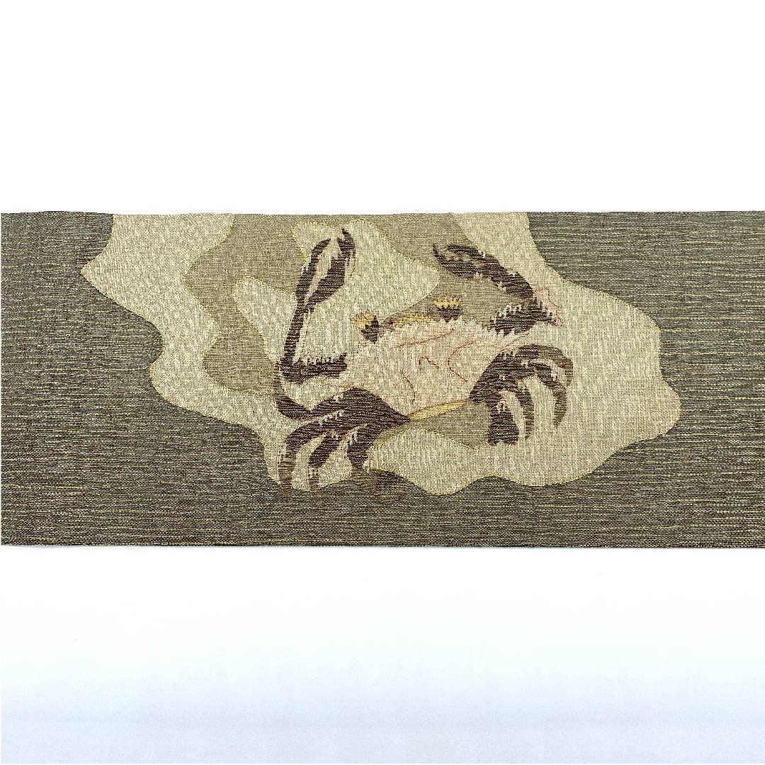 名古屋帯 消炭鼠色 カニ柄 帯丈375cm 正絹 Sランク ポイント柄 セミフォーマル グレー系 1124005062322 名古屋仕立て