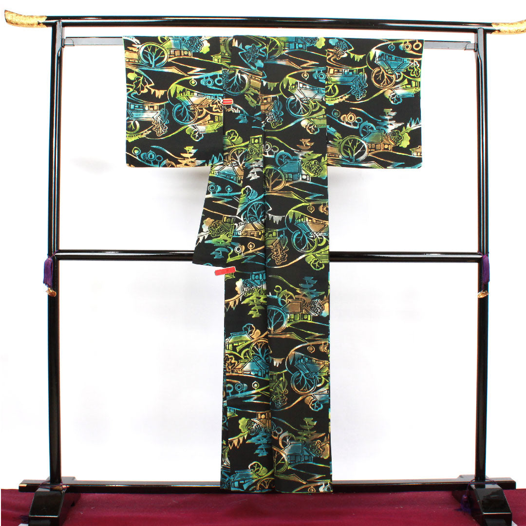 小紋 身丈155cm 裄丈63cm 袷 ろうけつ染め 風景模様 正絹 Sランク 黒系 1115003472310