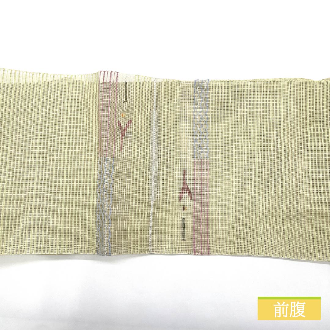 名古屋帯 硫黄色(いおういろ) 夏帯 櫛織 抽象模様 帯丈365cm 正絹 Sランク ポイント柄 カジュアル 緑系 1124008642319 松葉仕立て