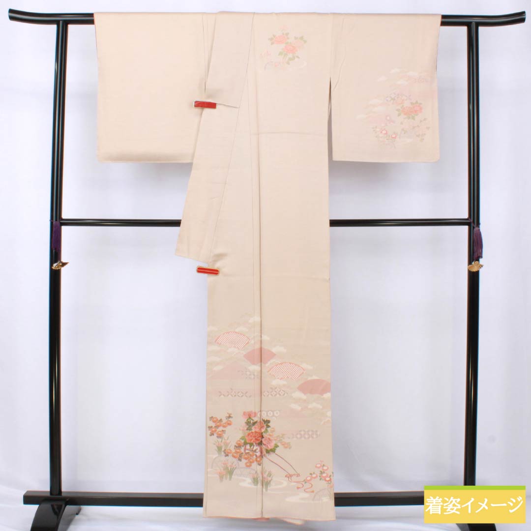 訪問着 正絹 Sランク 袷 身丈159cm 裄丈68cm 翁茶色(おきなちゃいろ) 京友禅 付下げ 蘇州刺繡 花車 扇面 ピンク系 1112006622313