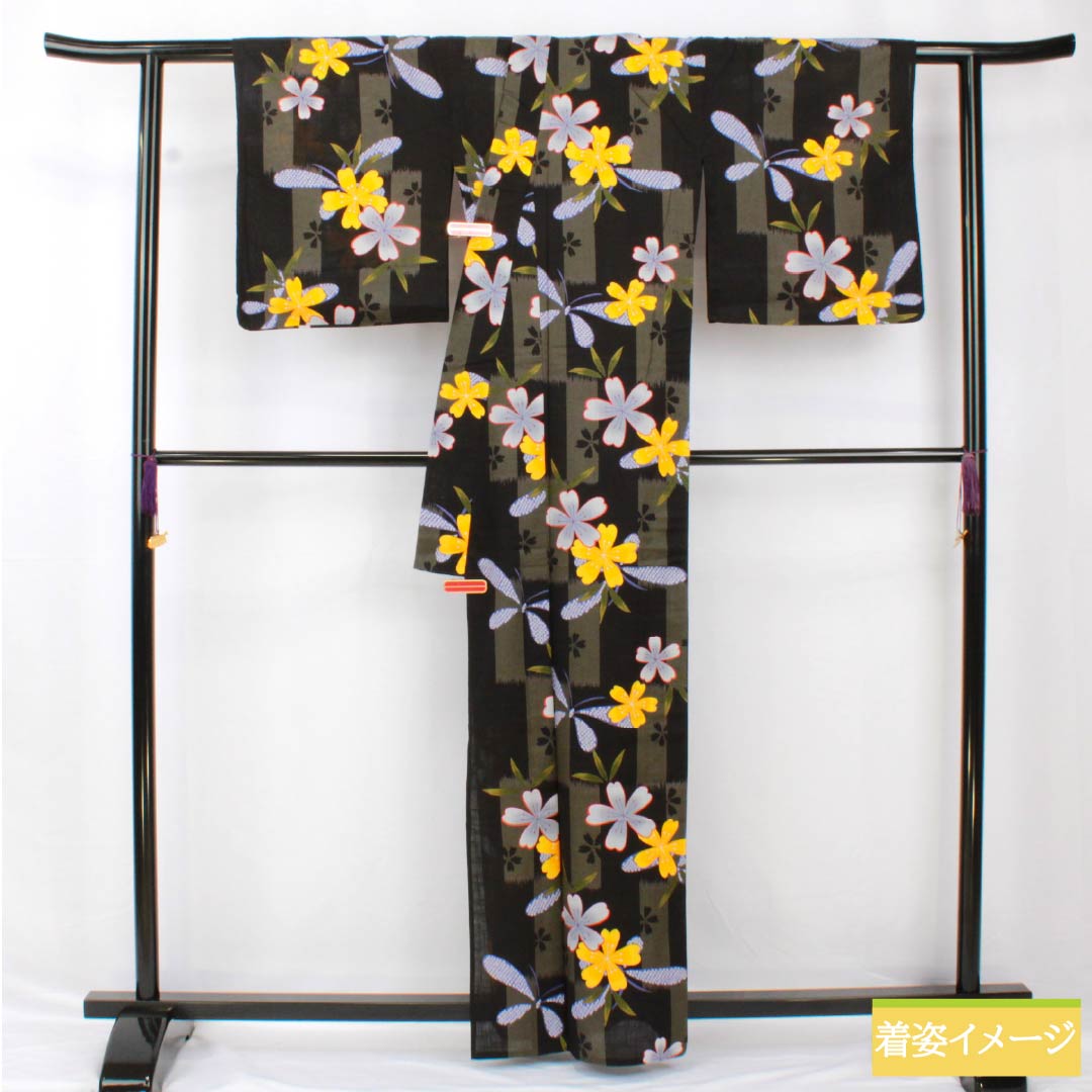 浴衣 木綿 身丈162.5cm 裄丈67cm Sランク 単衣 グラデーション系 鈍色(にびいろ) 桜 蝶 1118005252499