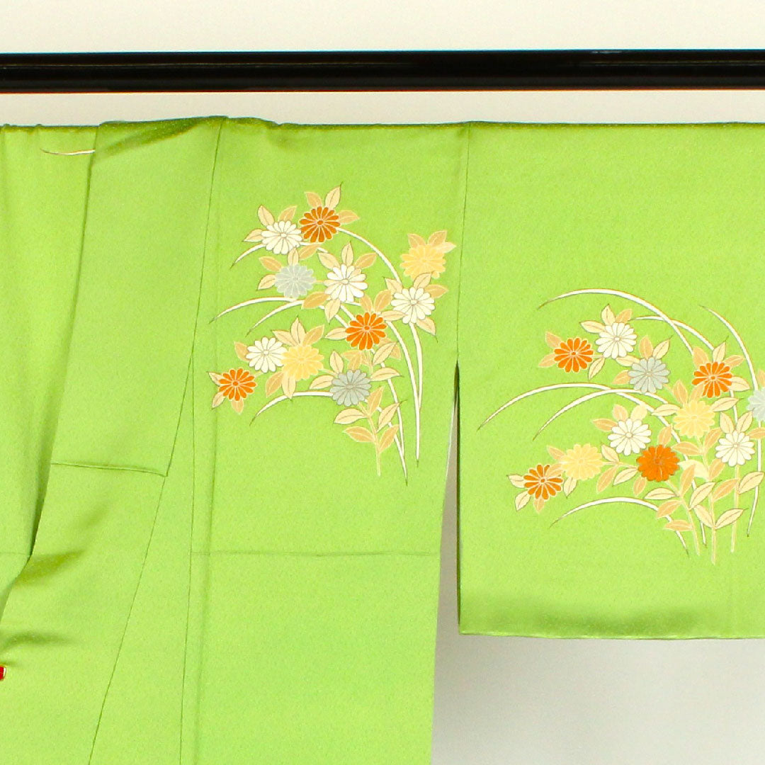 Homongi, lined, length 160cm, sleeve length 64cm, chrysanthemum, pure silk, S rank, green, 1112000332419