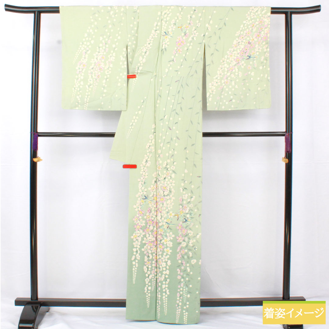 訪問着 正絹 袷 身丈165cm 裄丈63.5cm 白緑色(びゃくろくいろ) 加賀友禅 作家物 一つ紋 中陰五瓜 Aランク 緑系 1112005713519