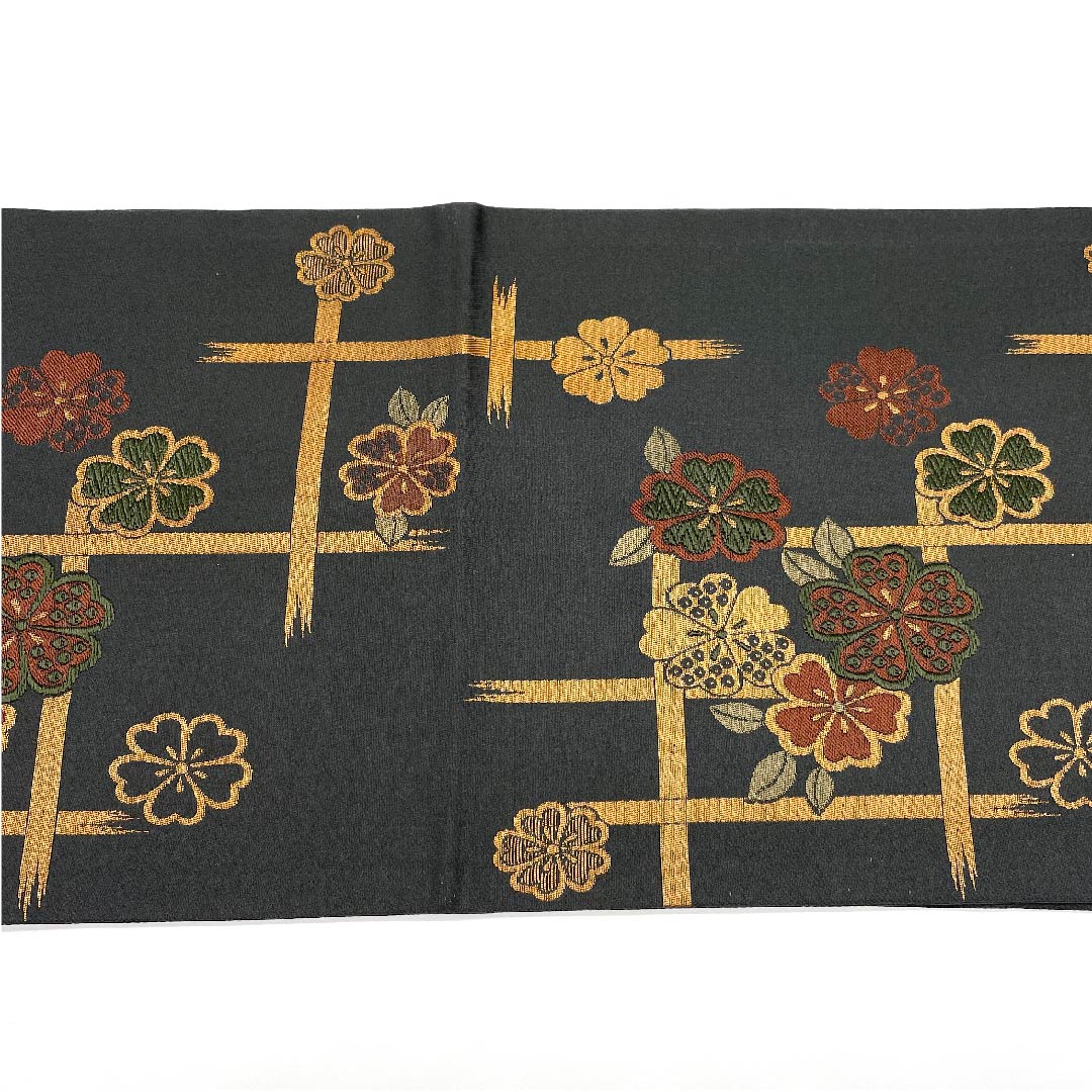 名古屋帯 京袋帯 具墨色 桜 井桁 帯丈374cm ポリ Aランク 六通 セミフォーマル グレー系 1124003313322 開き仕立て