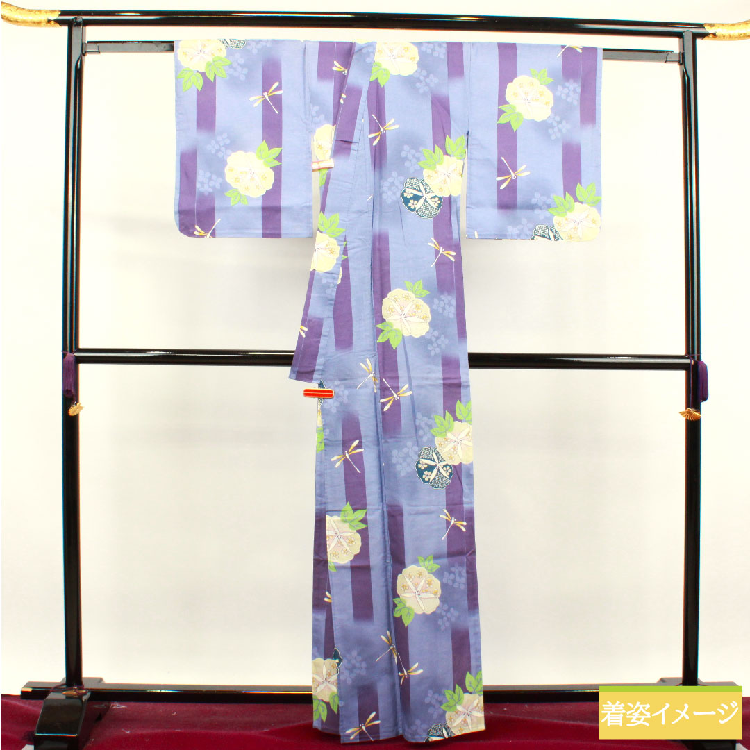 Yukata Cotton Length 162.5cm Sleeve length 63.5cm S rank Single layer Purple Red-green Dragonfly Morning glory 1118004762420