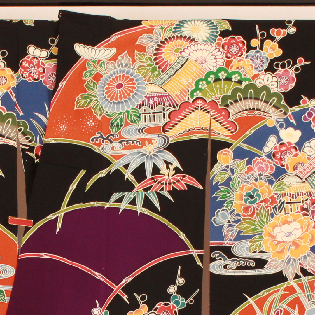 振袖 身丈160cm 裄丈68cm 袷 京紅型 松竹梅 正絹 Aランク 黒系 1113000363410