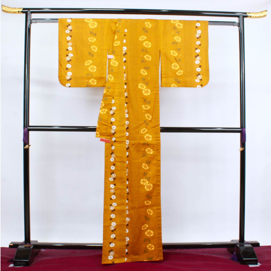 浴衣 金黄色 朝顔 木綿 Sランク 単衣 身丈163.5cm 裄丈65.5cm 茶系 1118004042414