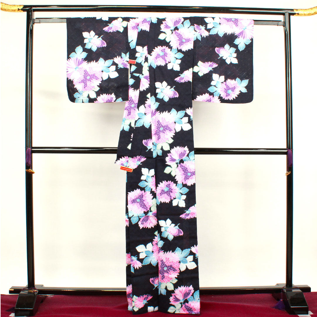 浴衣 濃紺色 菊 木綿 Sランク 単衣 身丈165.5cm 裄丈66.5cm 紺系 1118003212518