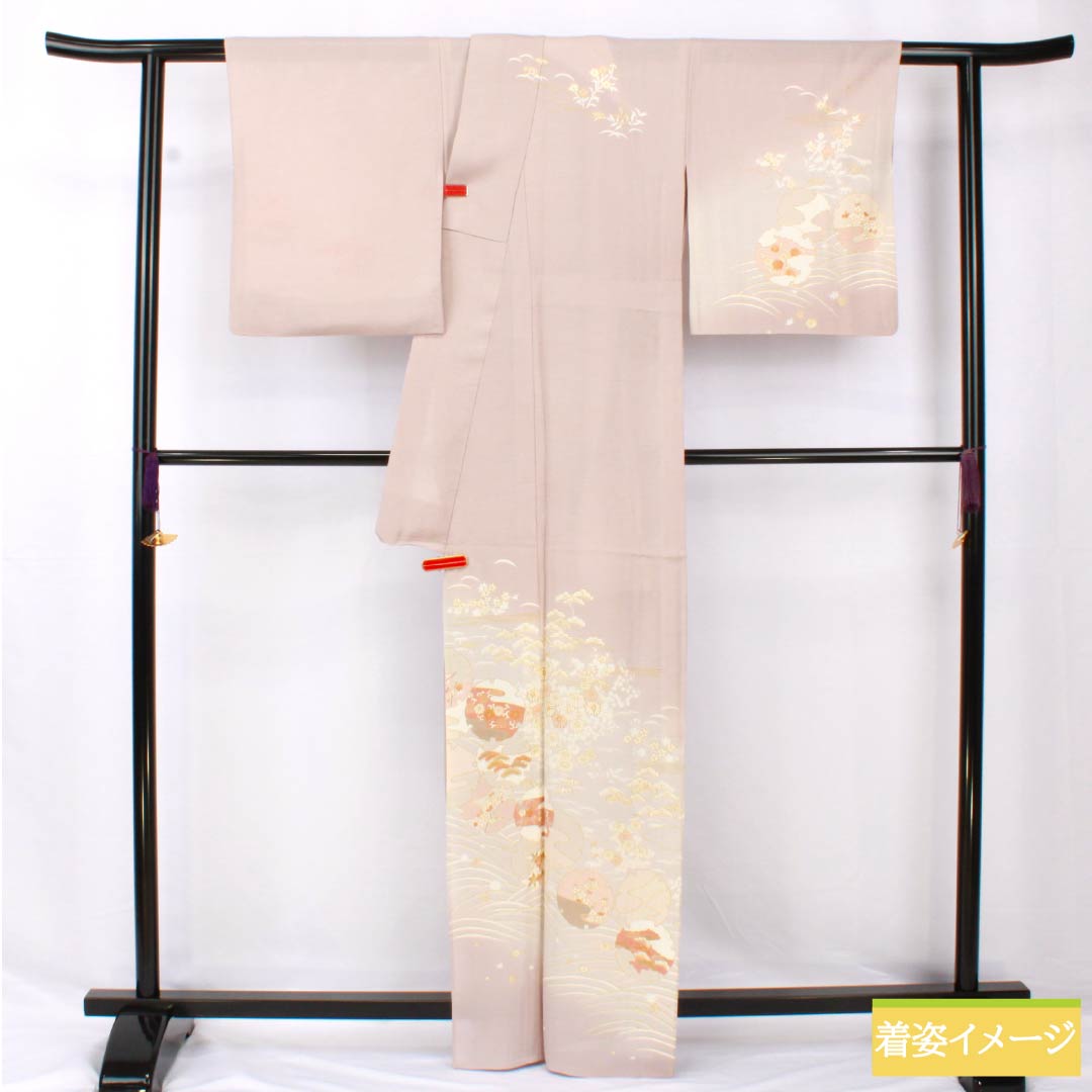 夏物 正絹 訪問着 身丈165cm 裄丈66cm 薄梅鼠色(うすうめねずいろ) 京友禅 金彩 雪輪 絽 Aランク グレー系 1132002033522