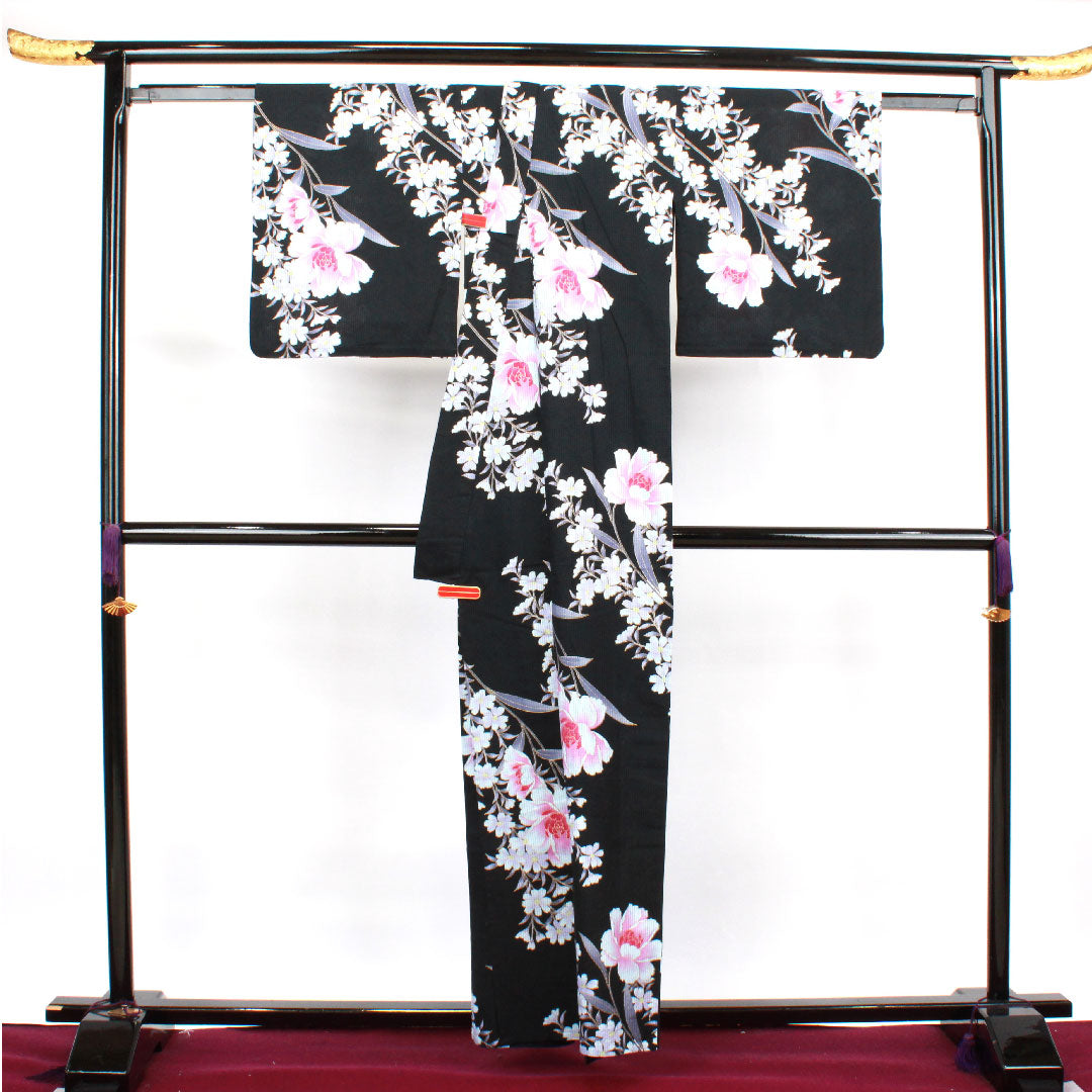 浴衣 牡丹 木綿 Sランク 単衣 身丈158cm 裄丈67.5cm 黒系 1118002112310
