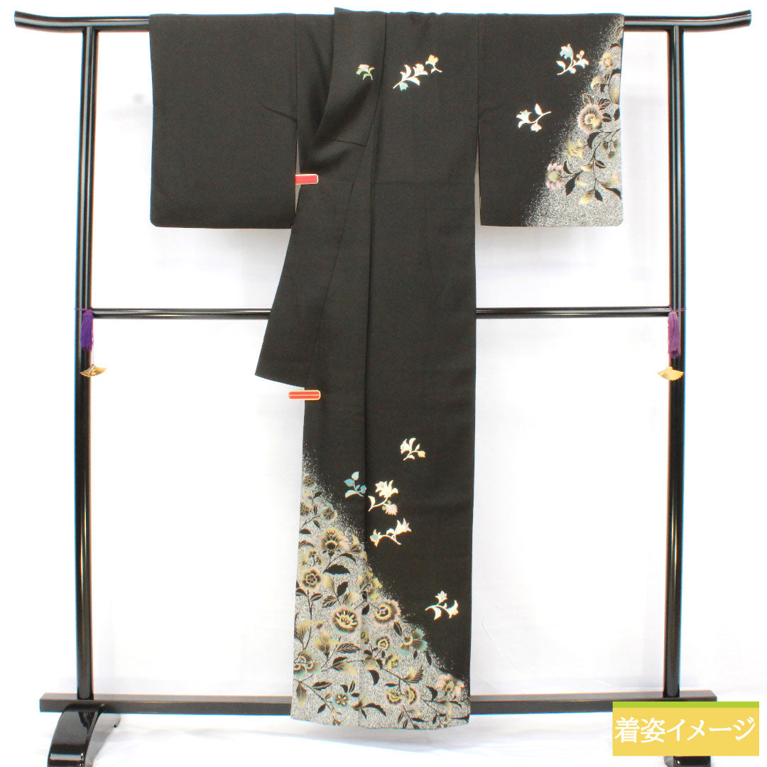 Homongi, pure silk, lined, length 158cm, sleeve length 62.5cm, Kyoto Yuzen, floral pattern, A rank, black, 1112005613310