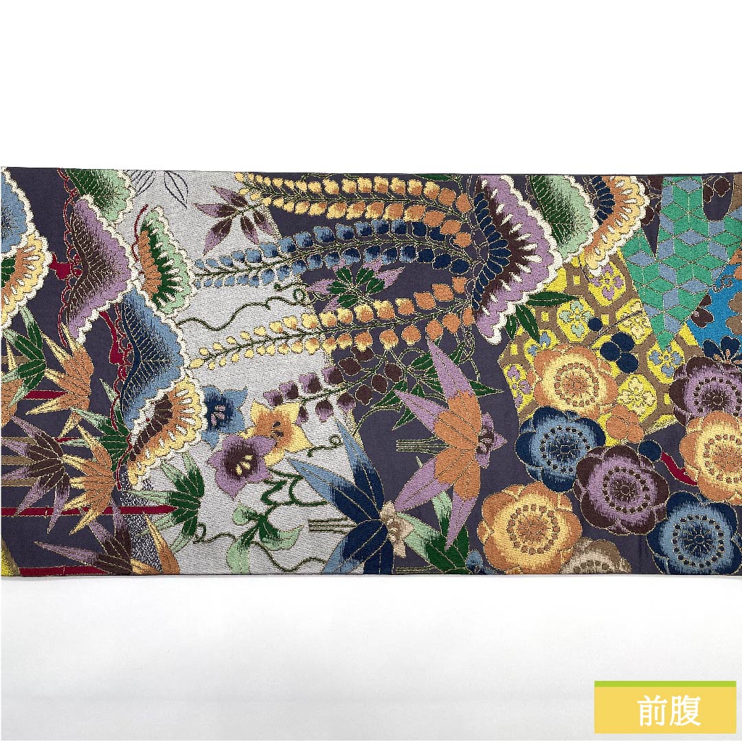 袋帯 桔梗鼠色(ききょうねずいろ) 白綾苑大庭 菱 松竹梅文様 振袖用 帯丈443cm 正絹 Sランク 六通 フォーマル 紫系 1123009582320