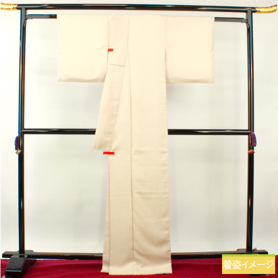 Plain color, polyester, length 170.5cm, sleeve length 65cm, off-white (kinari-iro), washable kimono, one crest, Gosan-kiri, lined, A rank, beige, 1114001263625