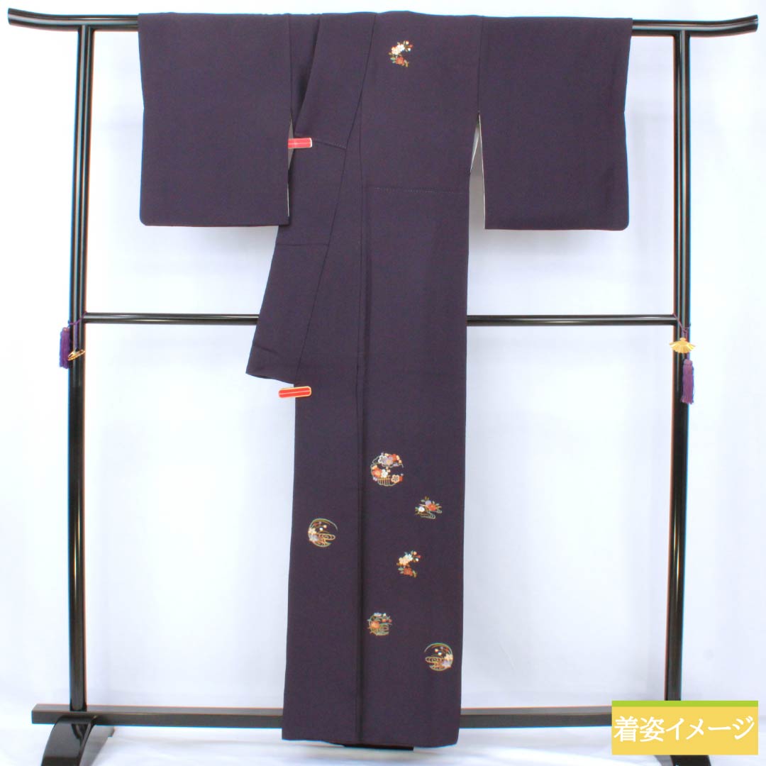 訪問着 正絹 Aランク 袷 身丈157.5cm 裄丈64.5cm 紫烏色(しうしょく) 蘇州刺繡 花丸 吉祥文様 付下げ 紫系 1112007233320