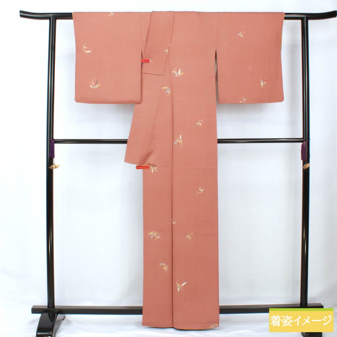 小紋 正絹 身丈163.5cm 裄丈66cm 袷 鴇浅葱色(ときあさぎいろ) 京友禅 笹の葉 パールトーン加工 Sランク 茶系 1115005742414