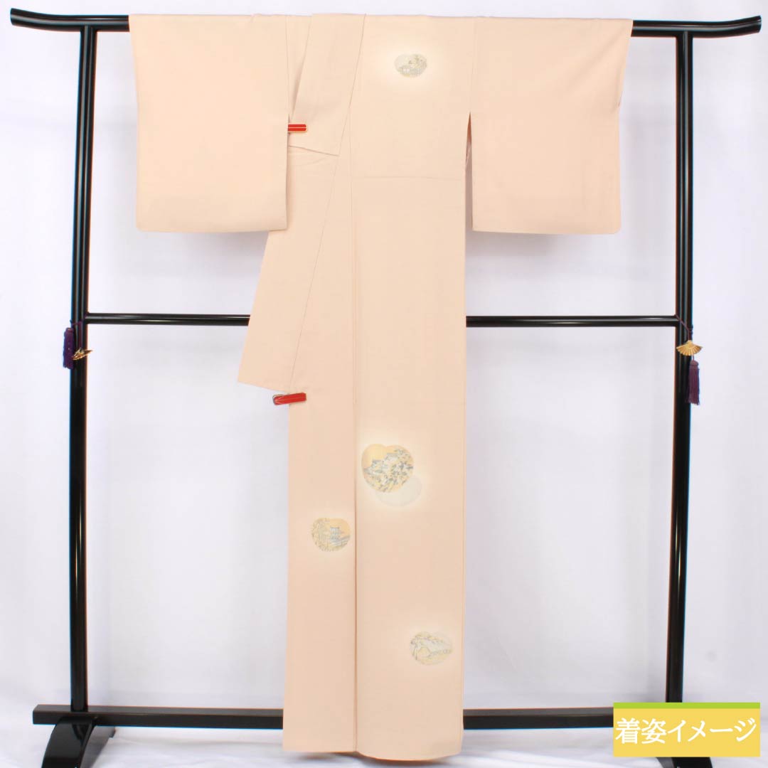 訪問着 正絹 Aランク 袷 身丈161cm 裄丈66cm 薄肉色(うすにくいろ) 一つ紋 陰上り藤 縫い取り 風景画 付下げ 橙系 1112007143426