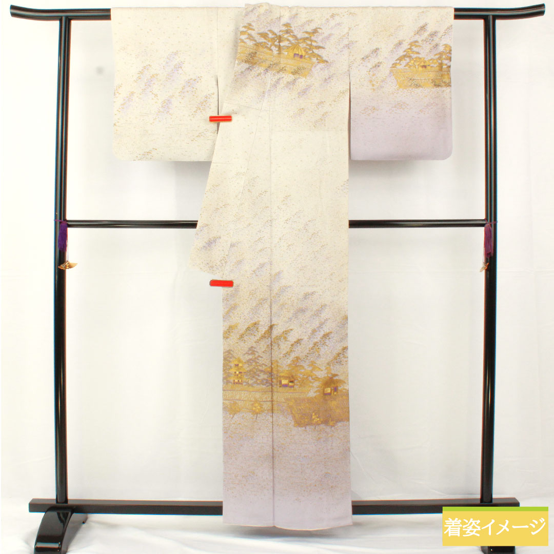 訪問着 正絹 袷 身丈158cm 裄丈62cm 銀白色(ぎんはくしょく) 京友禅 風景模様 パールトーン加工 作家物 Aランク グレー系 1112004963322