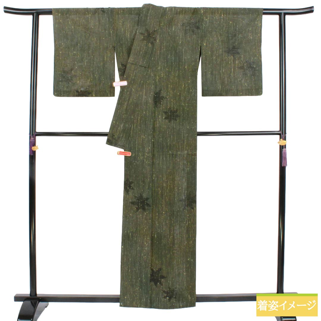 夏物 正絹 紬 Sランク 身丈158.5cm 裄丈64cm 藍海松茶色(あいみるちゃいろ) 紅葉 縞 紗 緑系 1132006382319