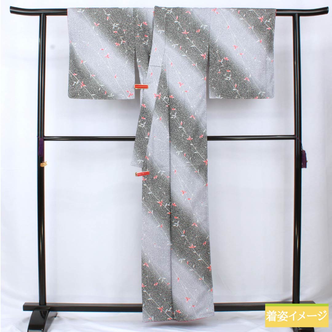 小紋 ポリエステル 身丈159.5cm 裄丈65cm 袷 青袋鼠色(せいたいねずいろ) タタキ染 草木模様 洗える着物 しつけ糸付き Sランク グラデーション系 1115005882399