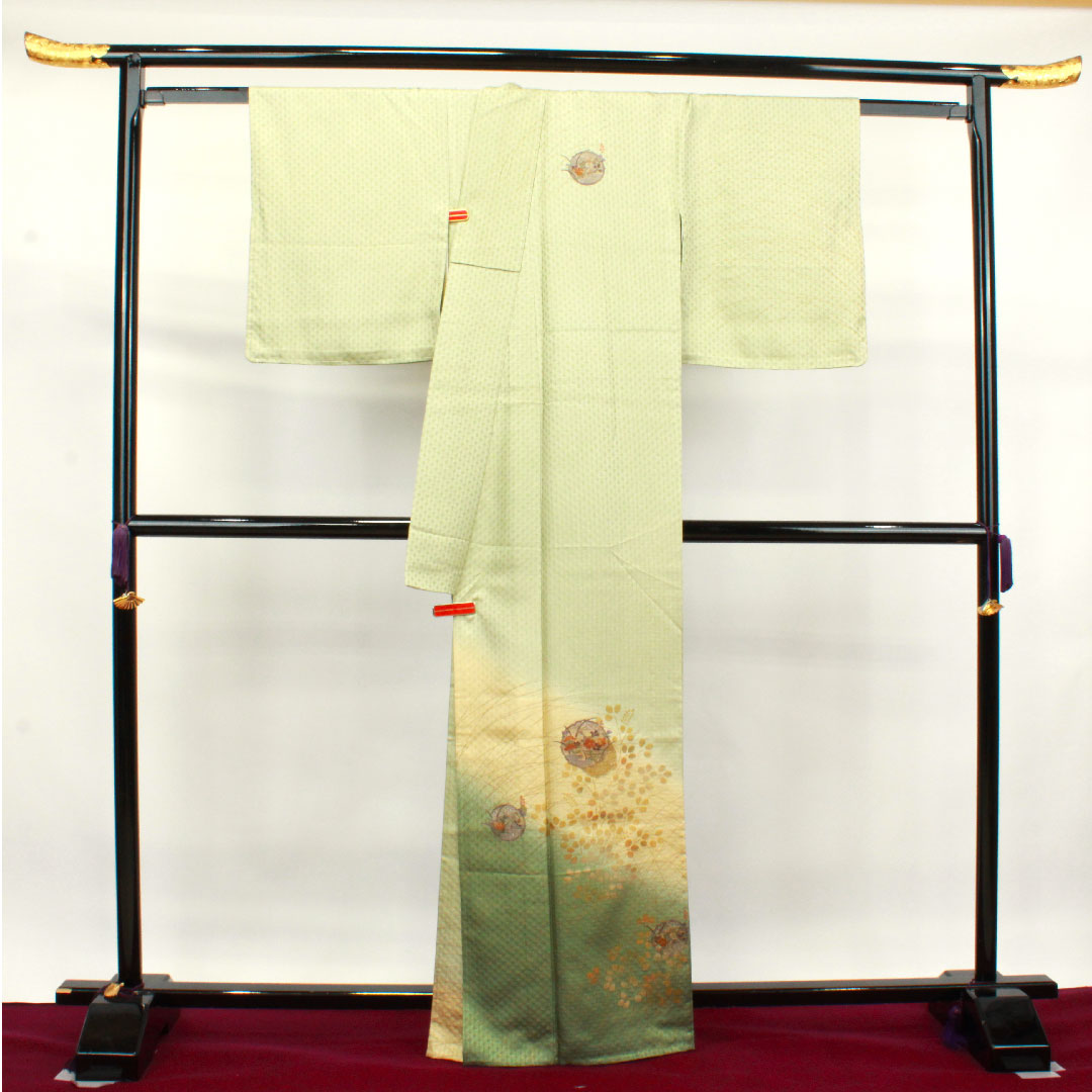 訪問着 正絹 単衣 身丈165.5cm 裄丈67cm 薄柳色 刺繡 萩 しつけ糸付き 未使用品 パールトーン加工 Sランク 緑系 1112003272519