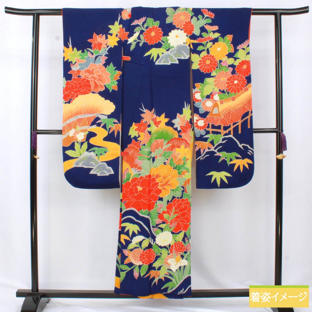振袖 正絹 Aランク 身丈153cm 裄丈60.5cm 袷 型染 吉祥文様 梅 菊 ちりめん地 重ね衿付き 青系 1113002233217