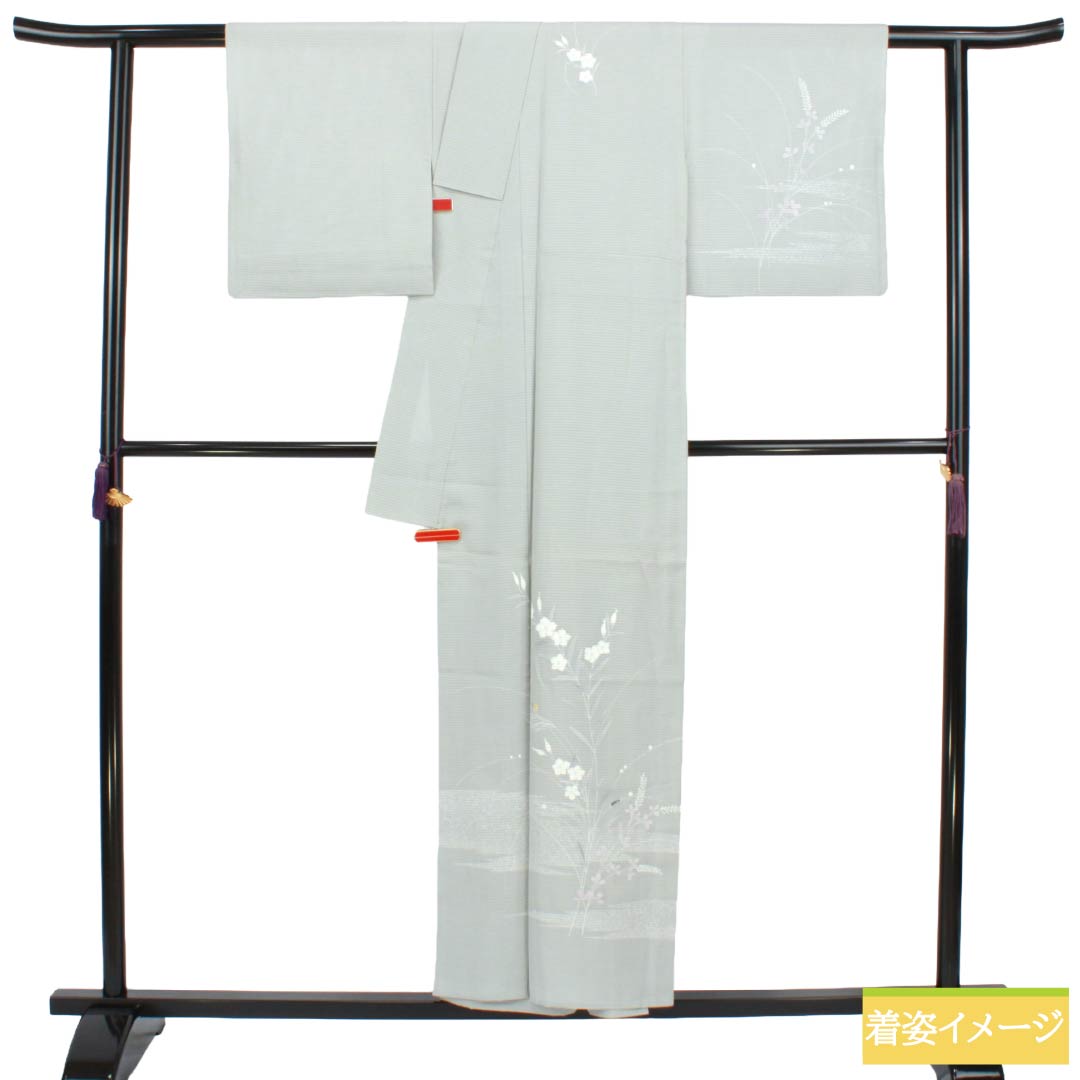 夏物 正絹 付下げ Aランク 身丈154cm 裄丈63.5cm 京友禅 寿光織 霞 草花 絽 グレー系 1132005023222