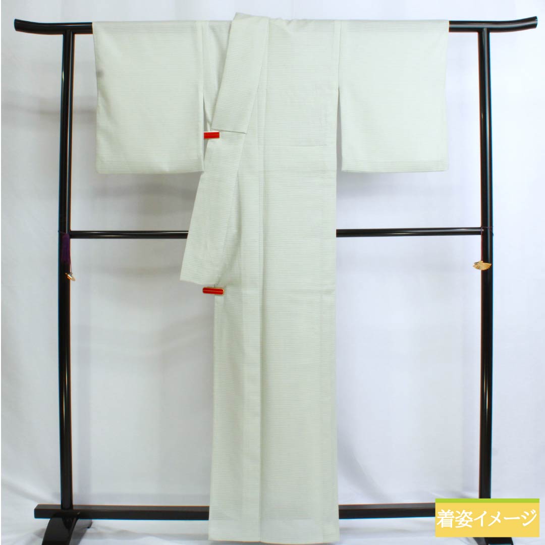 夏物 ポリエステル 色無地 Aランク 身丈163cm 裄丈66cm 青白磁色(せいはくじいろ) 一つ紋 五三桐 洗える着物 絽 緑系 1132002903419