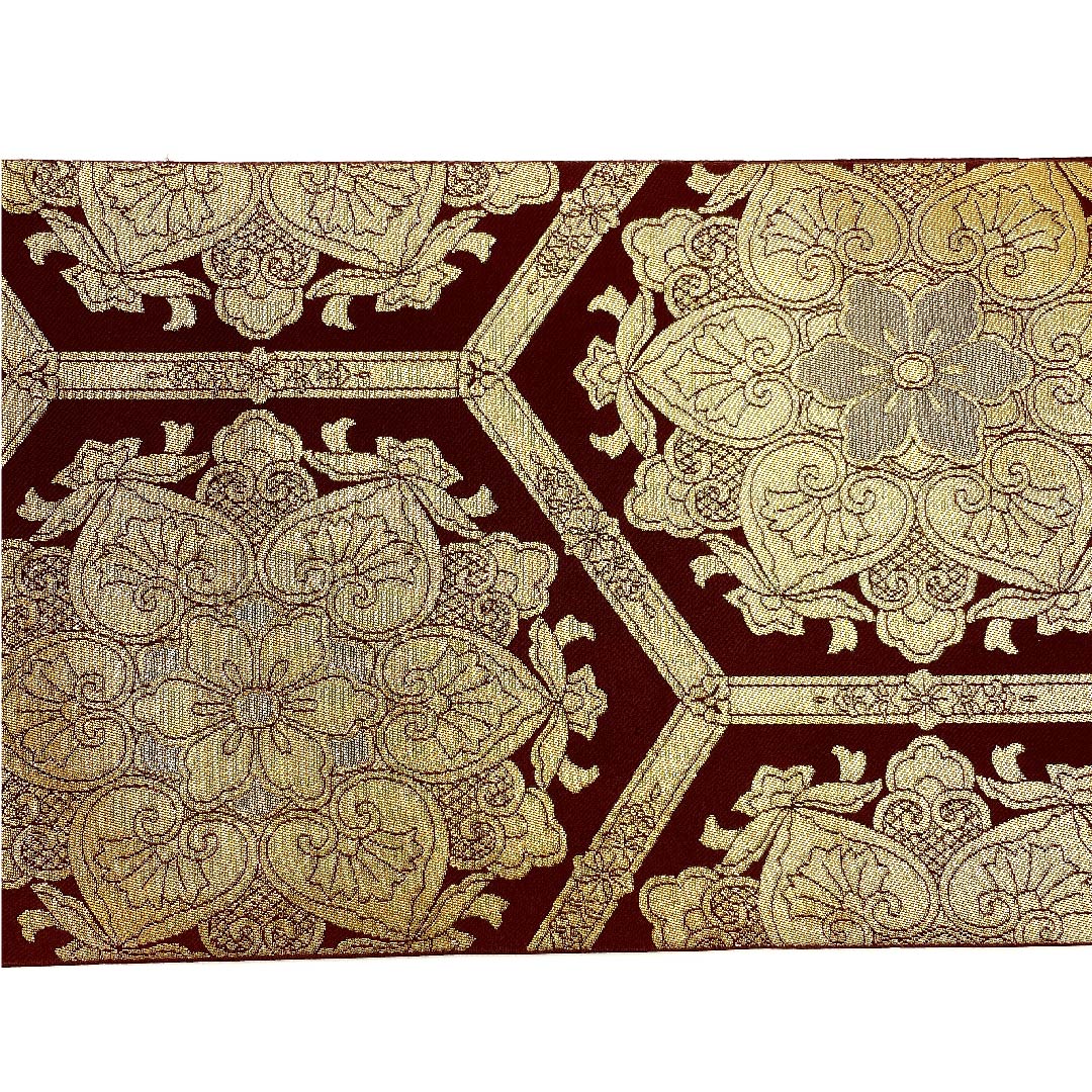 袋帯 紅海老茶色(べにえびちゃいろ) 宝相華 亀甲 帯丈416cm 正絹 Aランク 六通 フォーマル 茶系 1123002883314