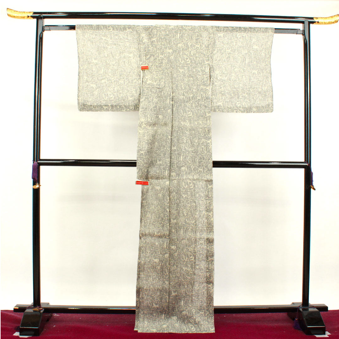 夏物 正絹 小紋 身丈167.5cm 裄丈66.5cm 絹鼠色(きぬねずいろ) 幾何学模様 紗 Aランク グレー系 1132001493522